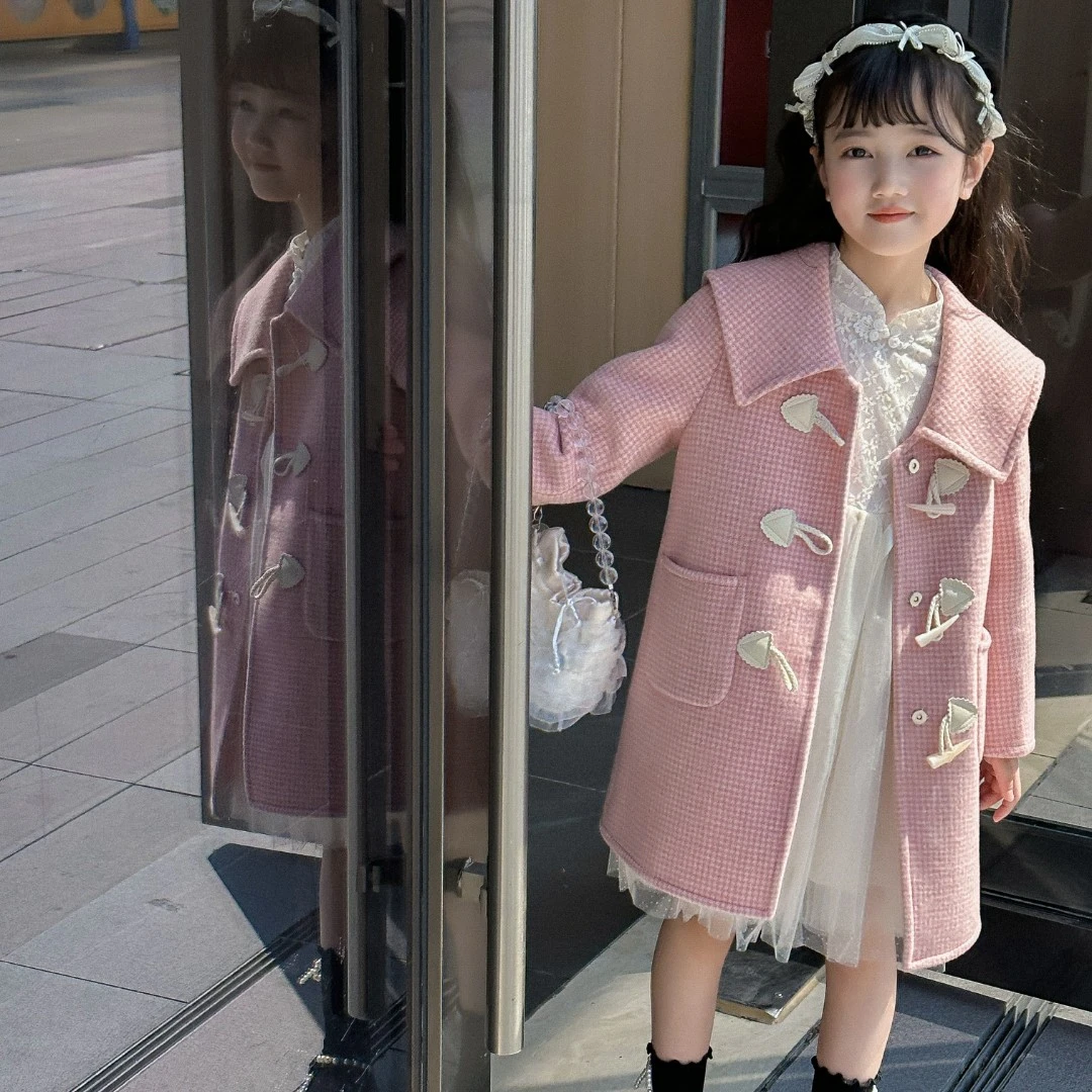 【粉丝福利】儿童粉色双面绵羊毛海军领大衣女童休闲洋气2114