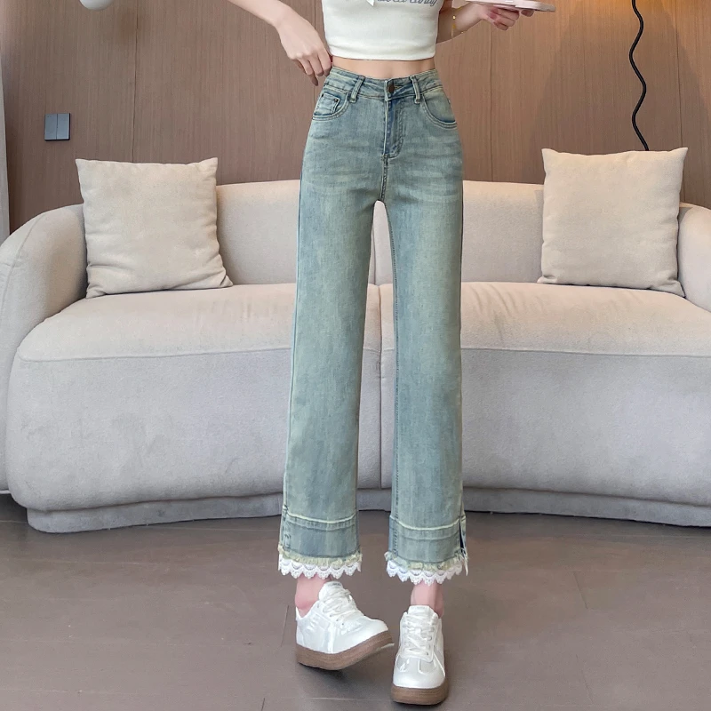 高腰蕾丝小直筒牛仔裤女2025新款夏季小个子清爽百搭显瘦九分裤子