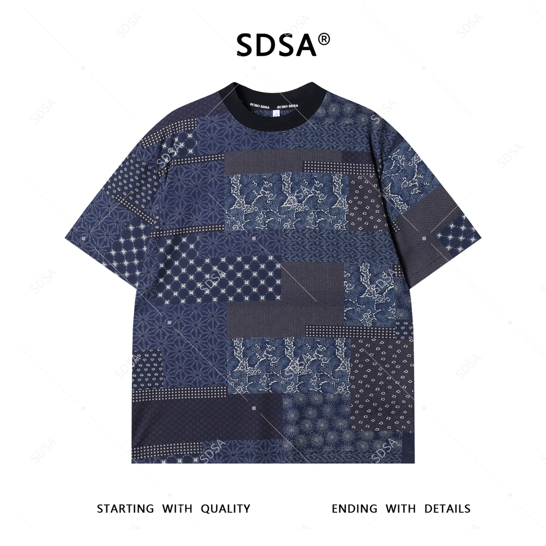 夏季高级感新款男士美式撞色暗纹提花短袖T恤宽松潮流圆领上衣