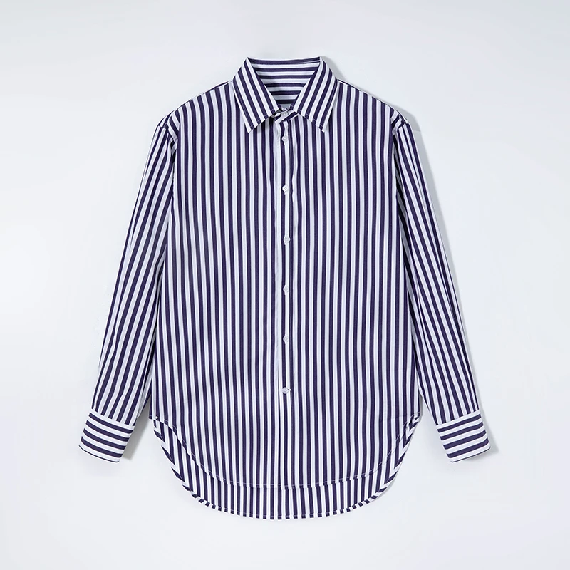 RAIN.CUN劳伦同款·2025春夏百棉竖条纹长袖宽松衬衫上衣女11688
