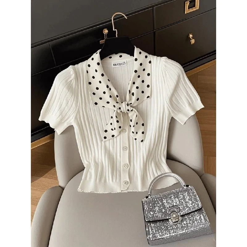 波点蝴蝶结领带冰丝针织短袖t恤女2025夏季新款气质简约修身小衫