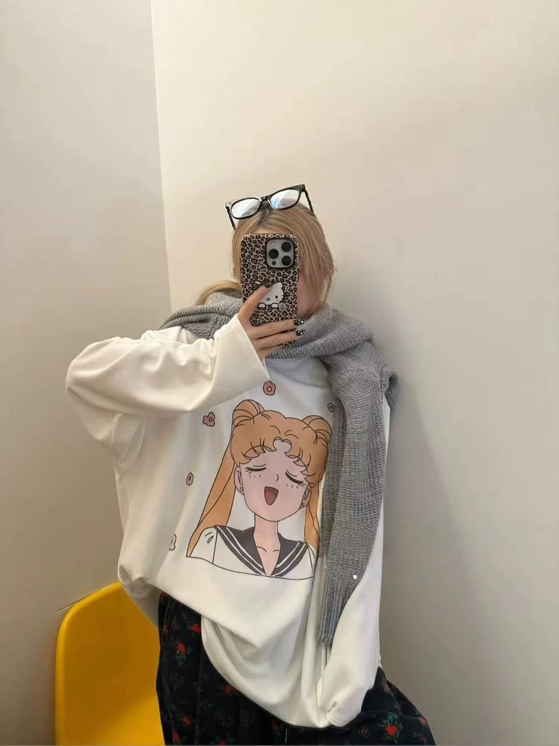 韩系设计宽松2025洋气减龄宽松卡通美少女百搭卫衣显瘦上衣250812