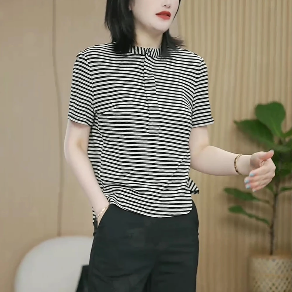 条纹短袖t恤女2025夏季新款时尚洋气减龄大码设计感立领体恤上衣