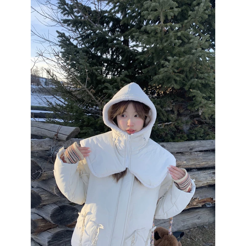 霍里德地图 木耳边圆领连帽学院风棉服送帽子冬季超好看棉衣棉袄
