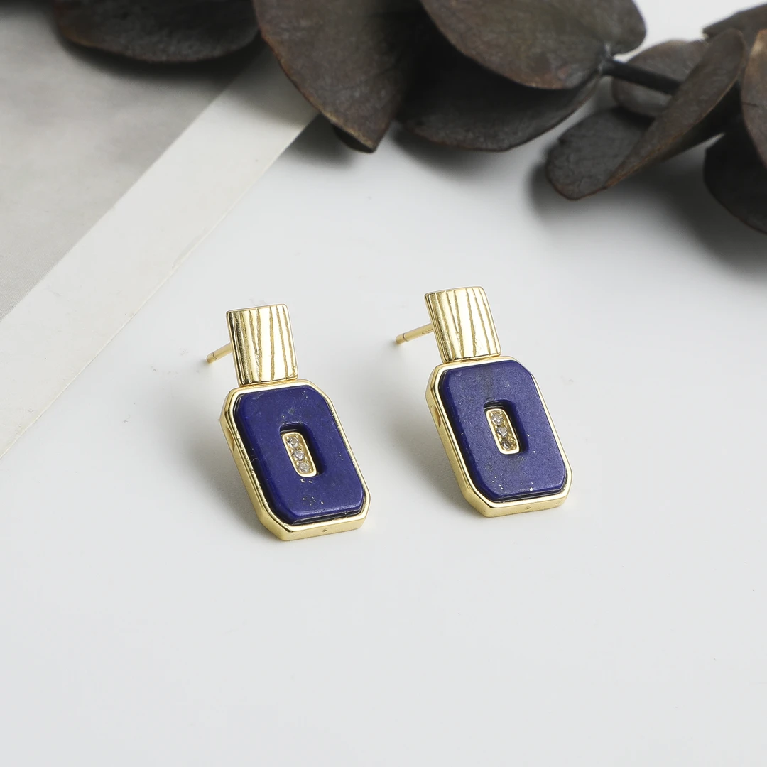 （桃）约8*12mm银镀金青金小方块方牌轻奢耳饰一对