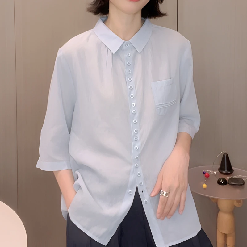 简约设计感高端衬衫女2025夏季薄款气质小衫超好看独特绝美上衣