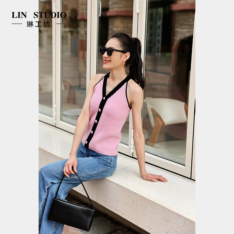 【马甲 山羊绒+绵羊毛】琳工坊“涵岚”粉色针织马甲减龄唐琳设计师