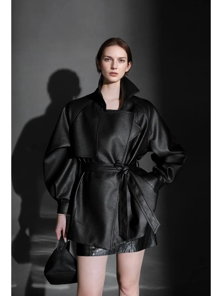 露露专属-高端荔枝纹收腰设计皮衣女西装领百搭通勤外套PI25C120