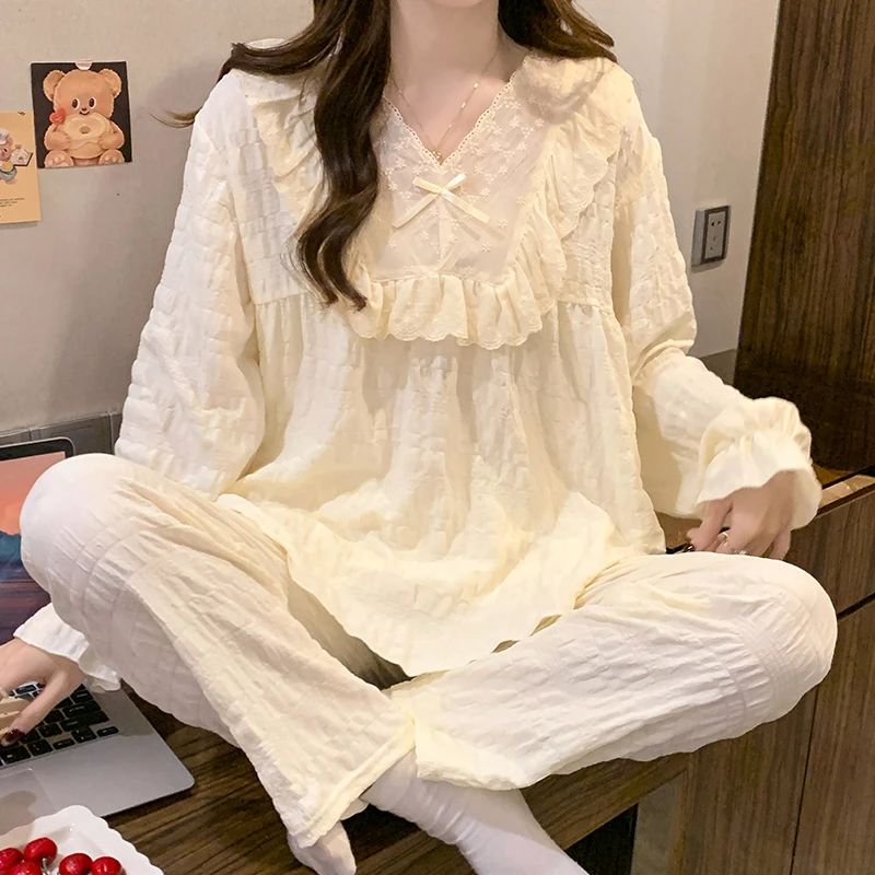 睡衣女士春秋季薄款长袖云朵棉可爱外出家居服网红爆款公主风杏色