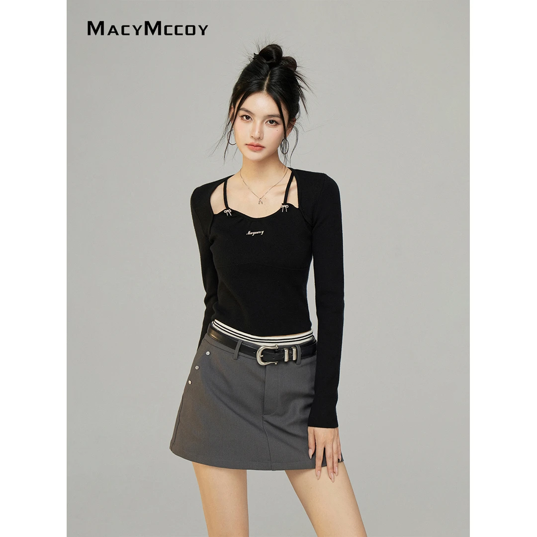 【熊小姐专属】MacyMccoy蝴蝶结镂空针织上衣2025早春短款正肩上衣