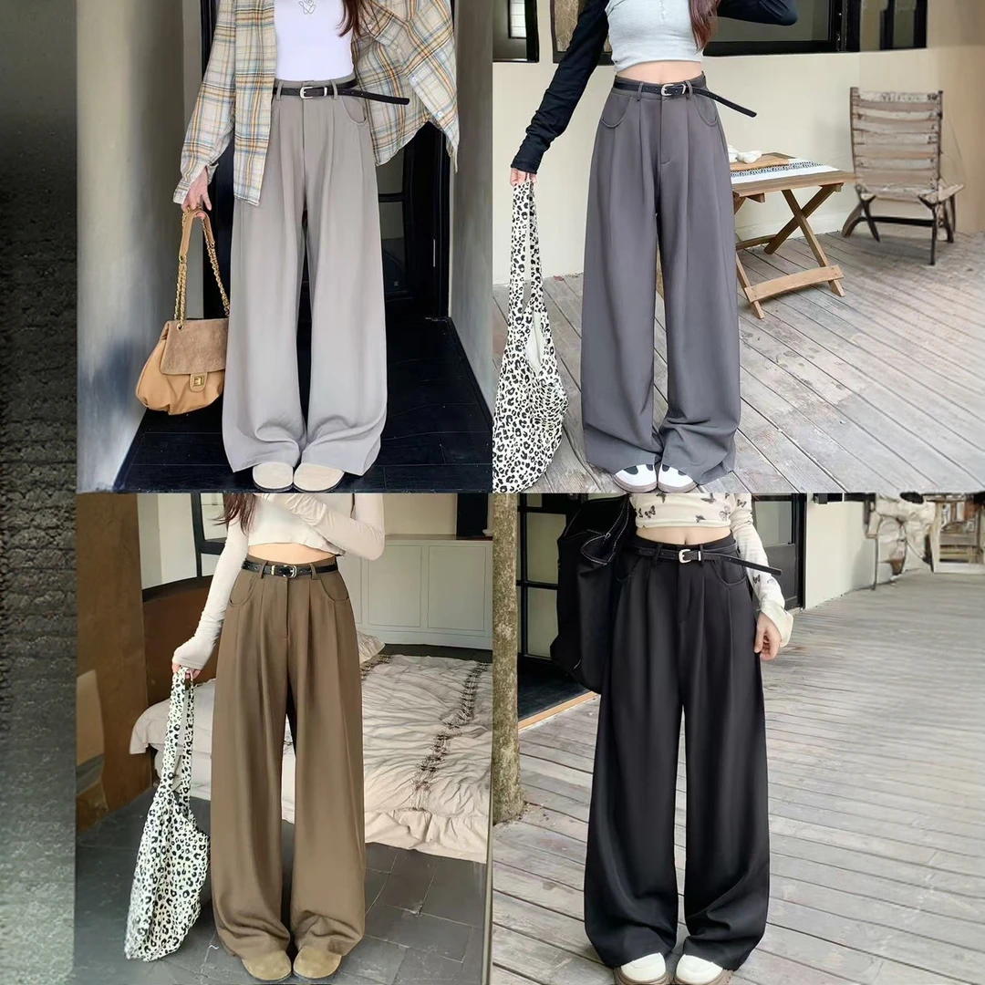 【酷时典】的新款女士高腰窄版阔腿直筒垂感休闲拖地西装裤