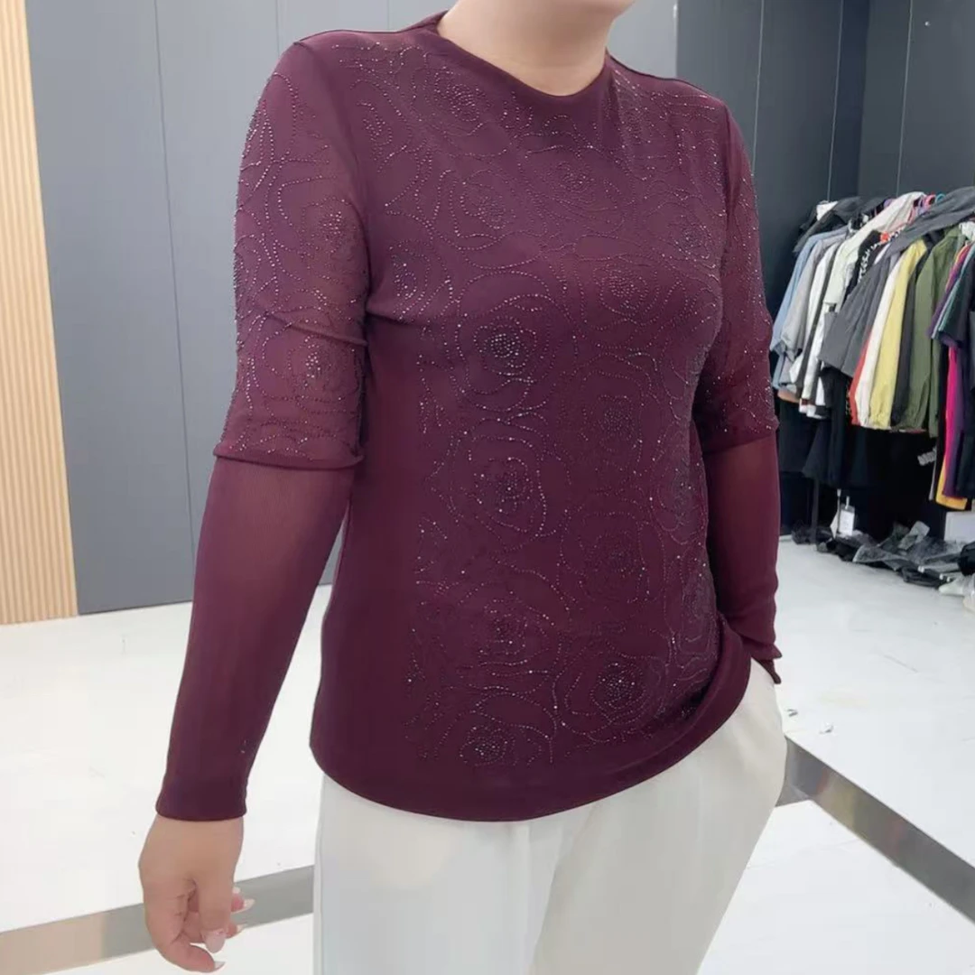 3159梵#大码时尚秋季加肥加大码圆领烫钻玫瑰花长袖蕾丝打底衫