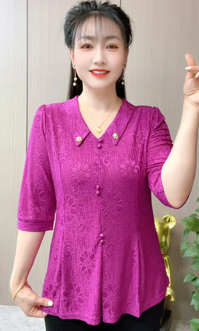 时尚妈妈装夏季新款气质洋气显瘦薄款韩版娃娃领ZJM-2023纯色款