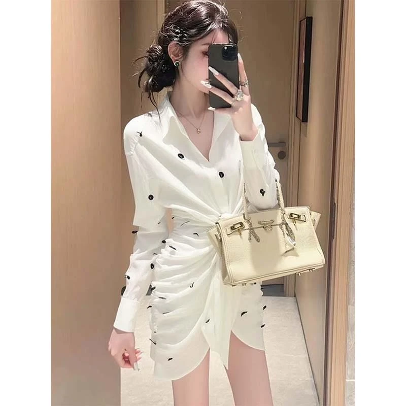 江浙沪千金穿搭巨好看重要场合漂亮温柔高知白色亚麻衬衫连衣裙秋