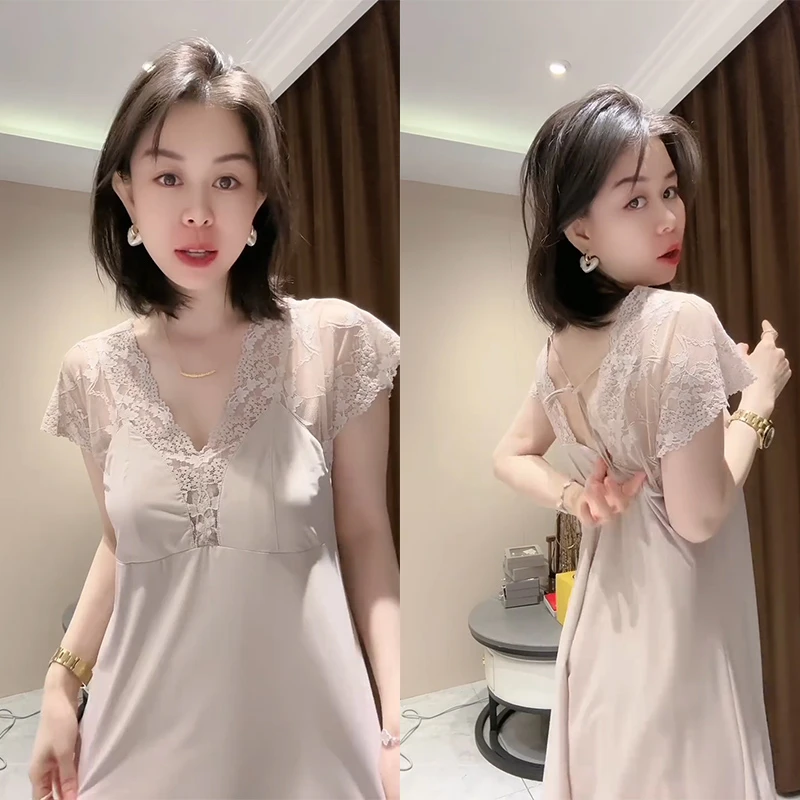 法式蕾丝睡裙女带胸垫丝滑凉感短袖薄款家居服夏性感纯欲睡衣露背