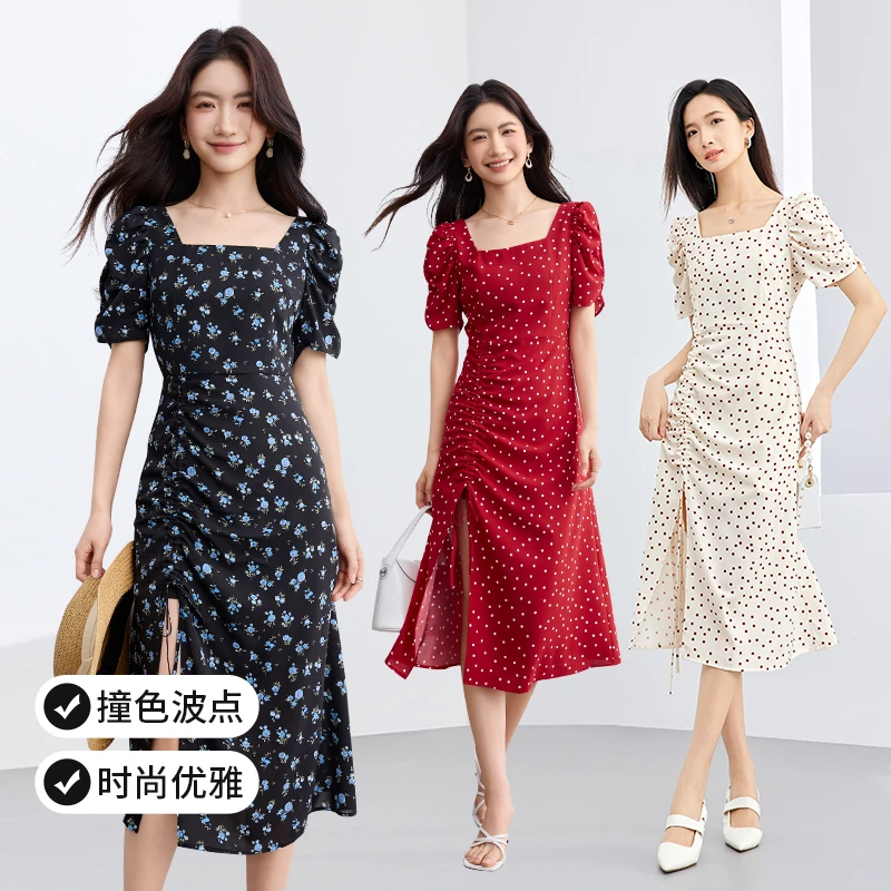 尚都比拉复古法式经典波点连衣裙方领显瘦显腿长裙子41885