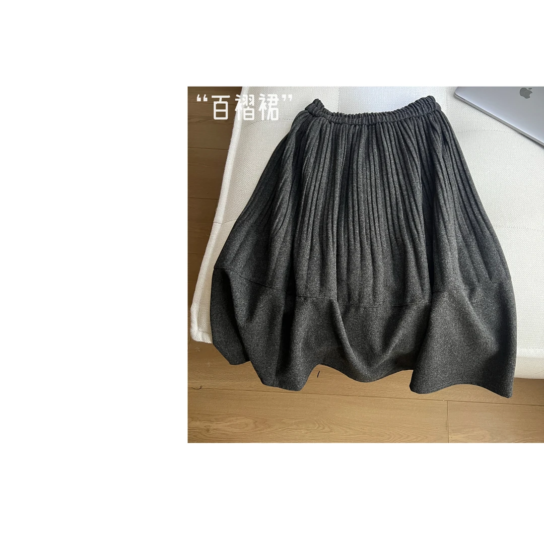 （百褶裙）多利原创文艺风复古毛呢百褶裙