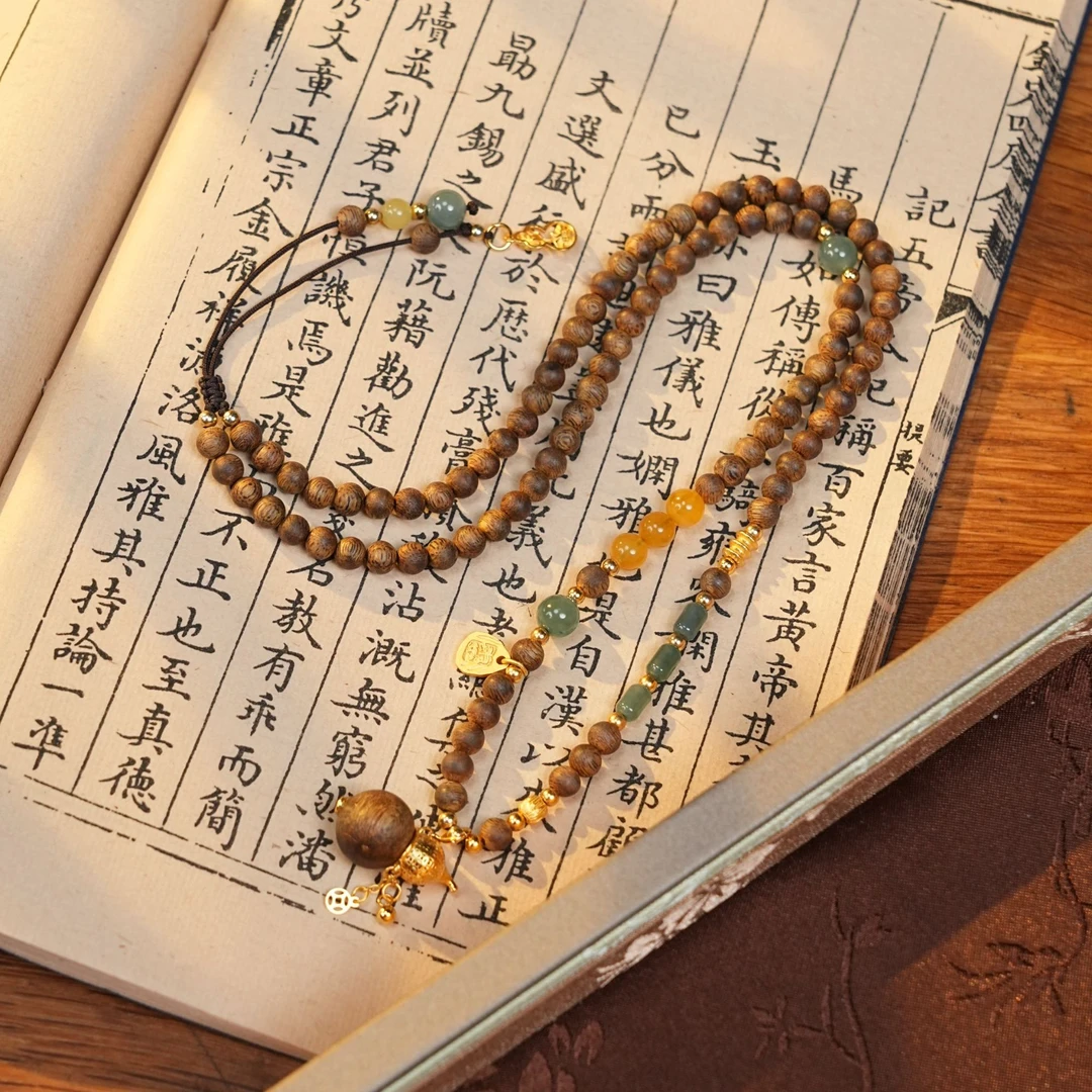 天然莺歌绿棋楠沉香蜜蜡蓝水翡翠搭配葫芦s925万能链