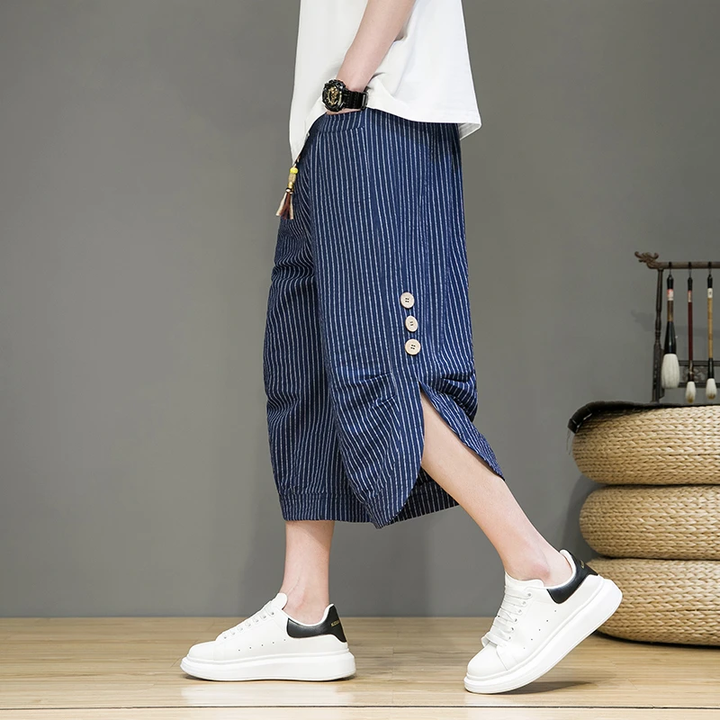 中国风细条纹七分裤男夏季外穿短裤侧边开叉设计感排扣宽松阔腿裤
