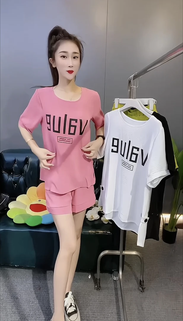 夏季时尚休闲简约百搭气质显瘦运动减龄宽松印花圆领舒适女款套装