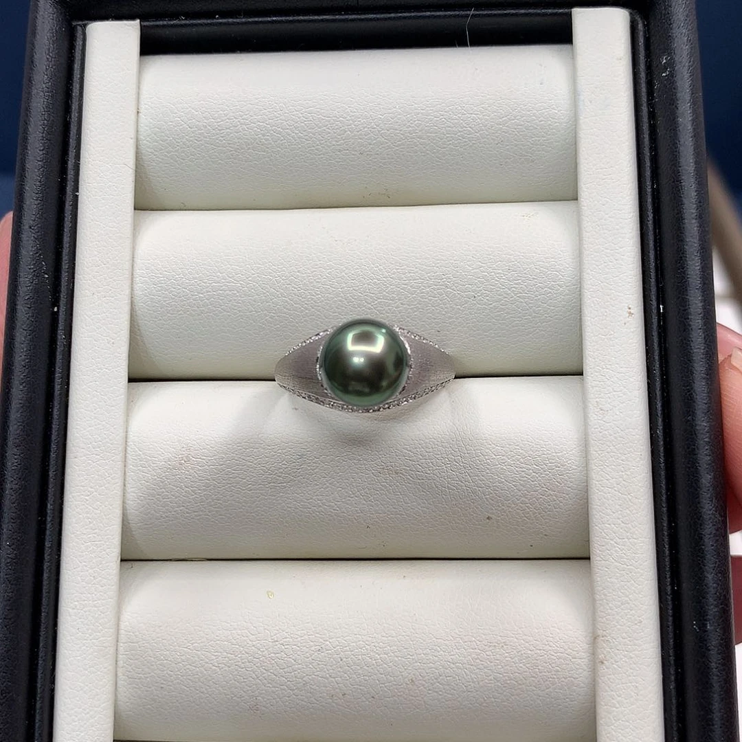 银S925镶嵌戒圈海水珍珠大溪地中古款戒指