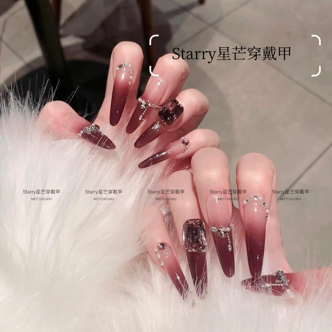 【冰镇杨梅】秋冬高级感渐变车厘子色法式手工穿戴甲长款显白纯手工