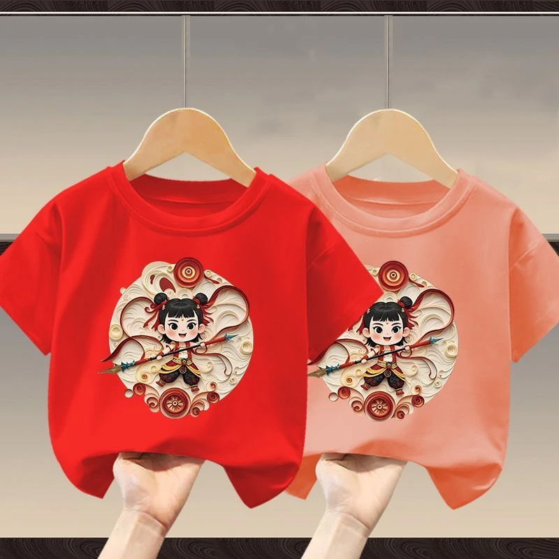国潮哪吒卡通中大童新款夏季男女T恤儿童短袖a类纯棉圆领百搭上衣