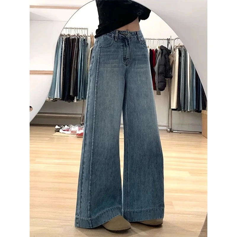 大码美式复古牛仔裤女春秋胖mm梨形身材宽松高腰显瘦直筒阔腿裤子