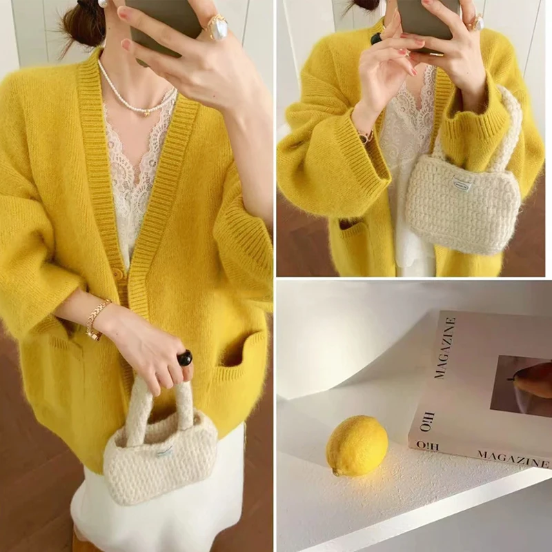 软绵女友  混纺慵懒法式宽松针织毛衣开衫秋冬韩系简约长袖外套女