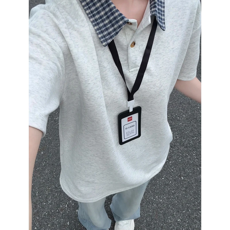 美式休闲假两件格子拼接短袖Polo衫男女款简约正肩t恤高级感半袖