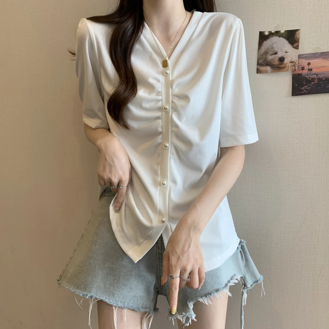 3662大码女装胖妹妹收腰显瘦遮肚减龄设计感V领上衣5087