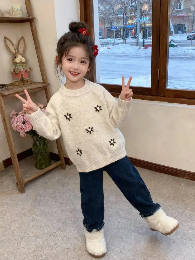 女孩雏菊少女风女圆领厚款毛衣针织衫洋气上衣宝宝打底衫女童