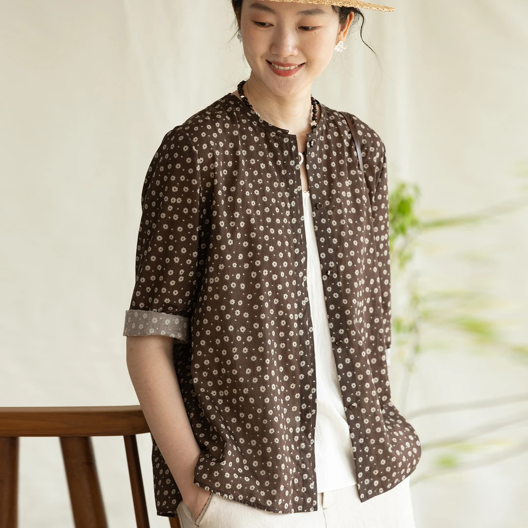 牧衣游原创 印花纯棉衬衫七分袖圆领文艺通勤碎花百搭衬衣 叙述