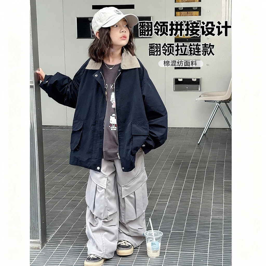 25WT004女童风衣外套春秋款2025新款儿童女孩翻领夹克女大童秋装