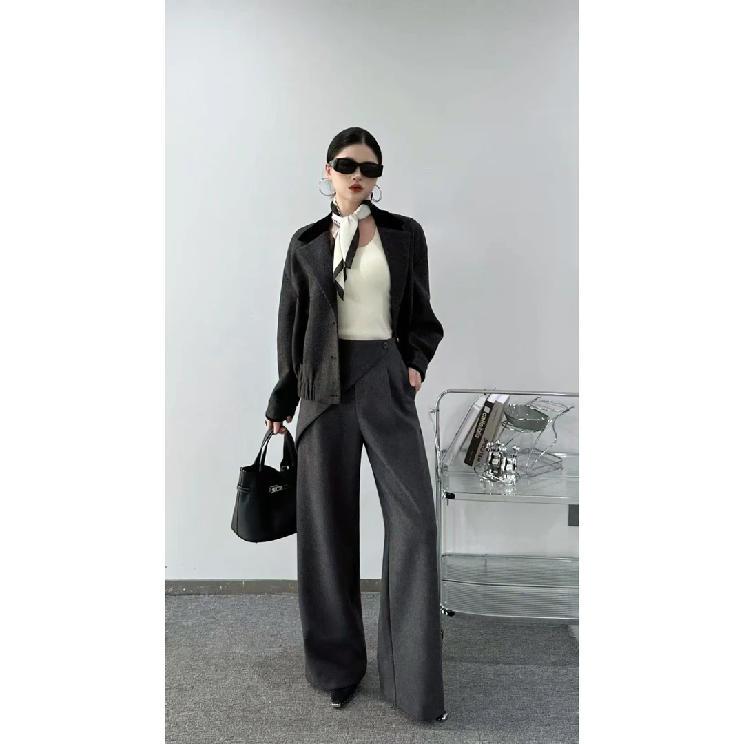 KIKI严选：83272-YER家欧货南油秋冬加厚设计感斜襟搭片阔腿休闲裤