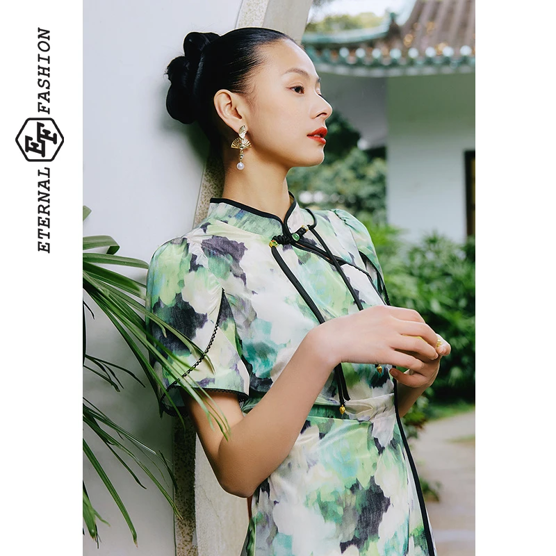 【昕昕严选】EF新中式改良旗袍印花连衣裙夏季短袖E1242L0048