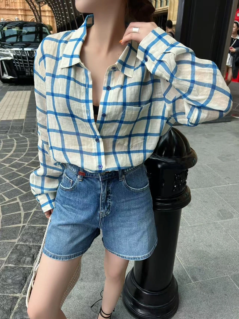 【蔚蓝海岸】夏季款进口满分苎麻弗里达蓝大格纹纸片人宽松衬衫