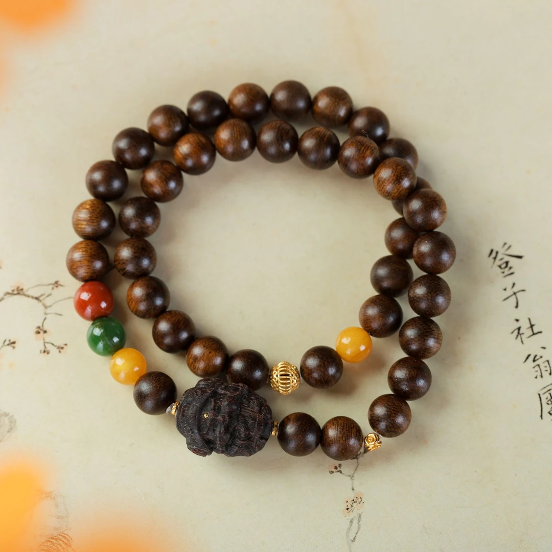 沉香【揽香集】沉香手串-沉水越南富森红土0.8双圈+财神设计款