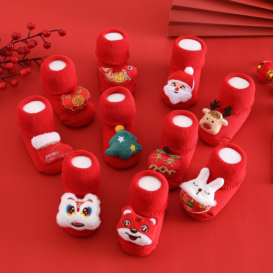 秋冬新生儿袜子红色毛圈新年袜学步地板袜儿童防滑0-3岁袜子宝宝