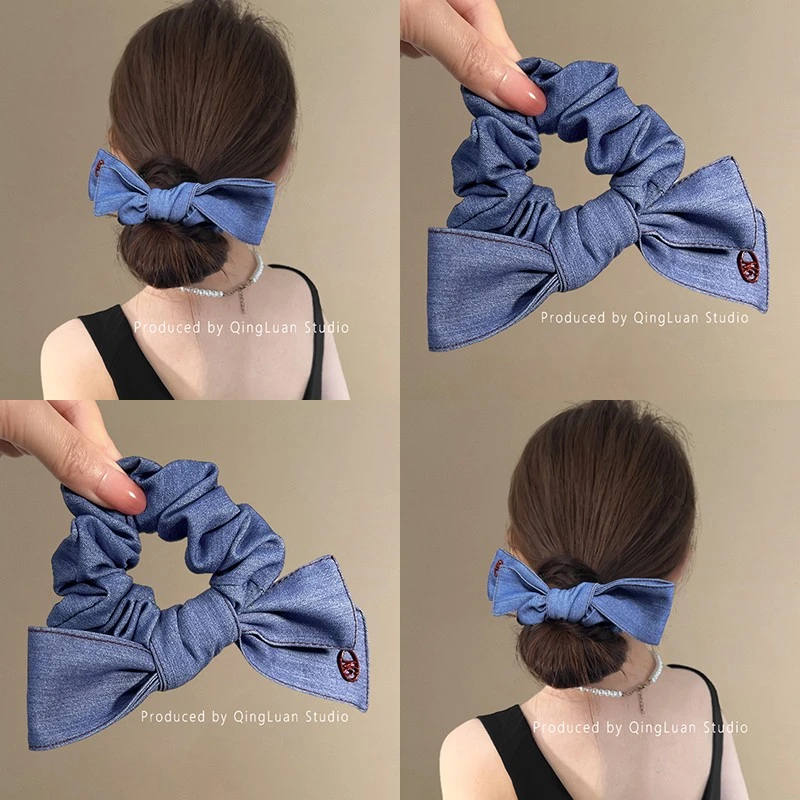 慵懒出街~牛仔蝴蝶结大肠发圈女质感超好马尾头绳高级感新款发饰