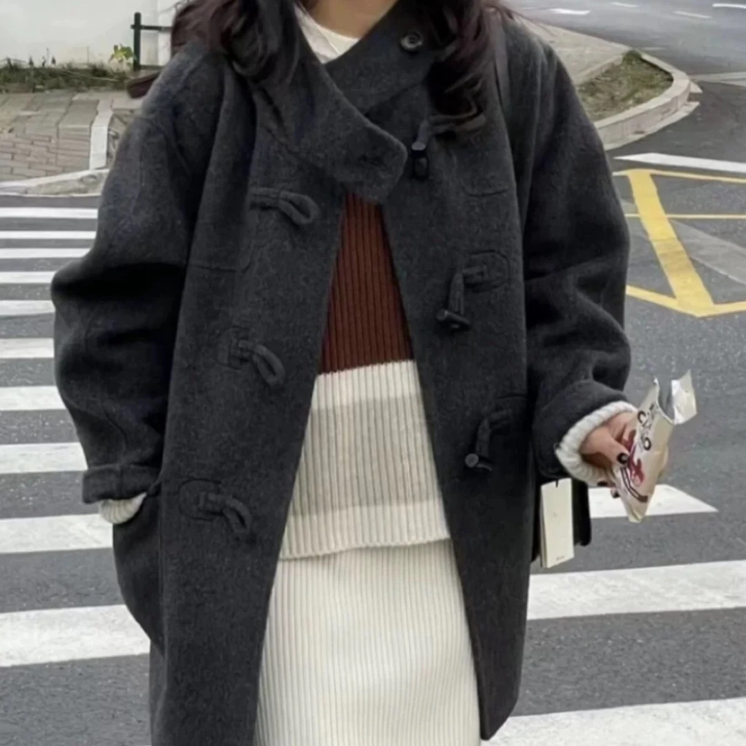 高端澳毛牛角扣连帽中长款双面羊绒呢大衣小个子女生韩系风格