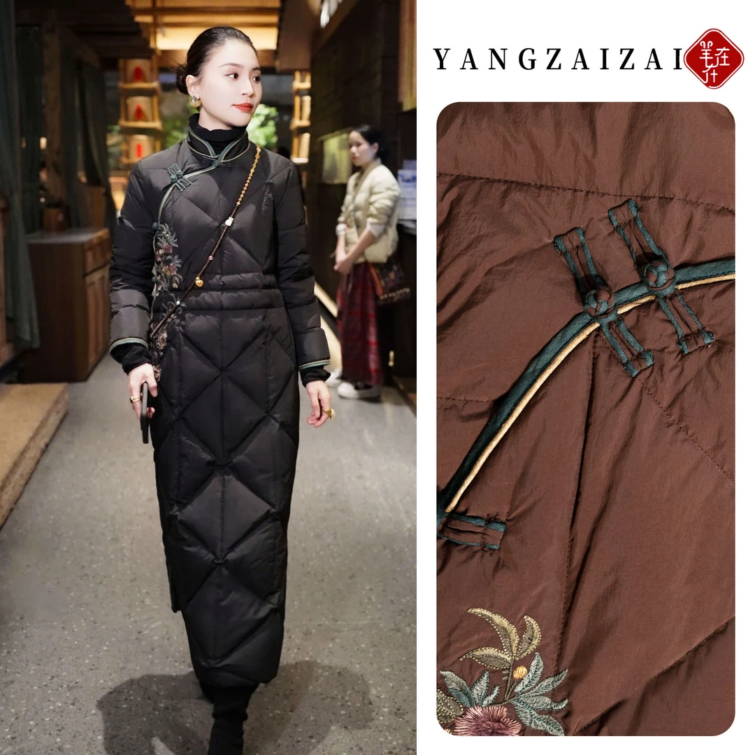 羊在在民族风中式盘扣冬装轻薄羽绒服女旗袍外套YRF25XL1531