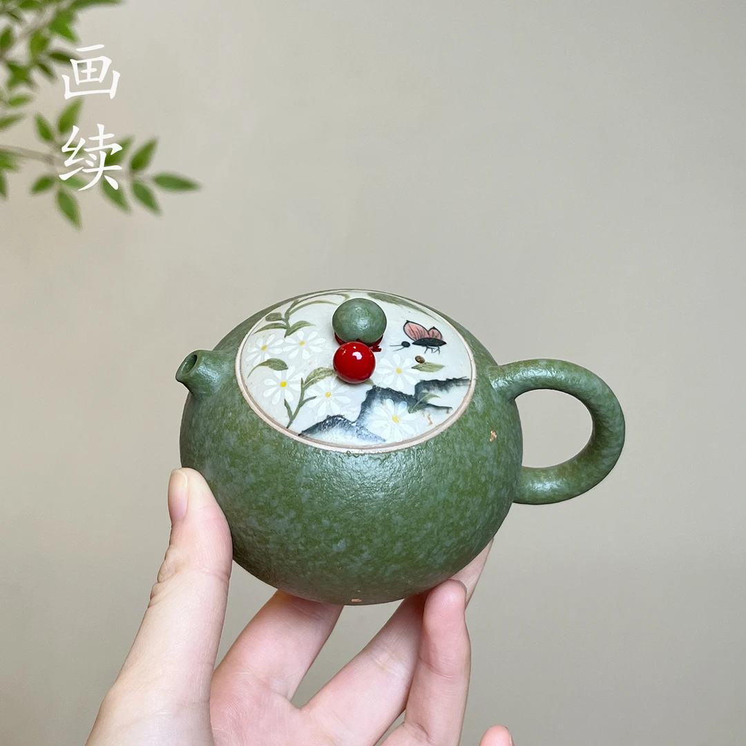 画续绿色手绘蝴蝶茶壶家用陶瓷西施壶功夫茶具小号茶壶泡茶壶中式