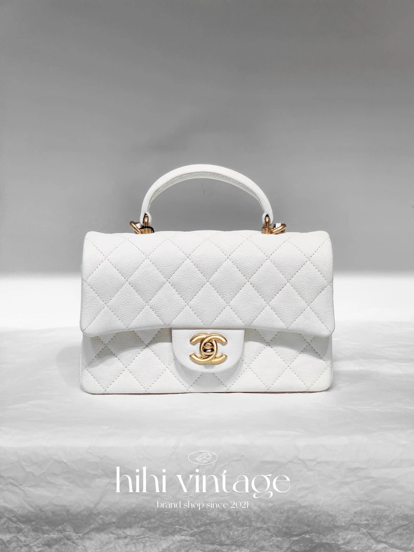 99新 Chanel/香奈儿  白色金扣荔枝纹手柄CF大mini链条包/一店