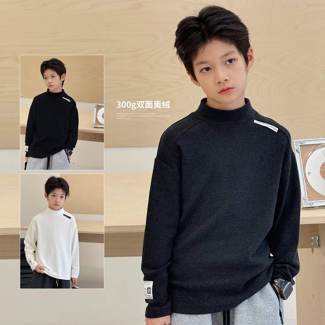 儿童打底衫冬装新款中大童保暖奥绒上衣男童简约长袖T恤厚AB1095