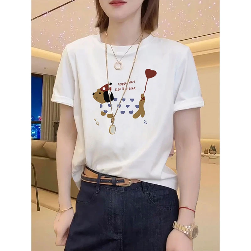 正肩圆领短袖t恤女装设计感时尚百搭洋气白色上衣2025夏季新款潮