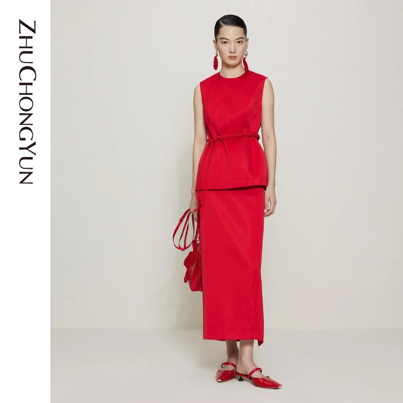 ZHUCHONGYUN红色气质收腰后开无袖上衣C1CX31981