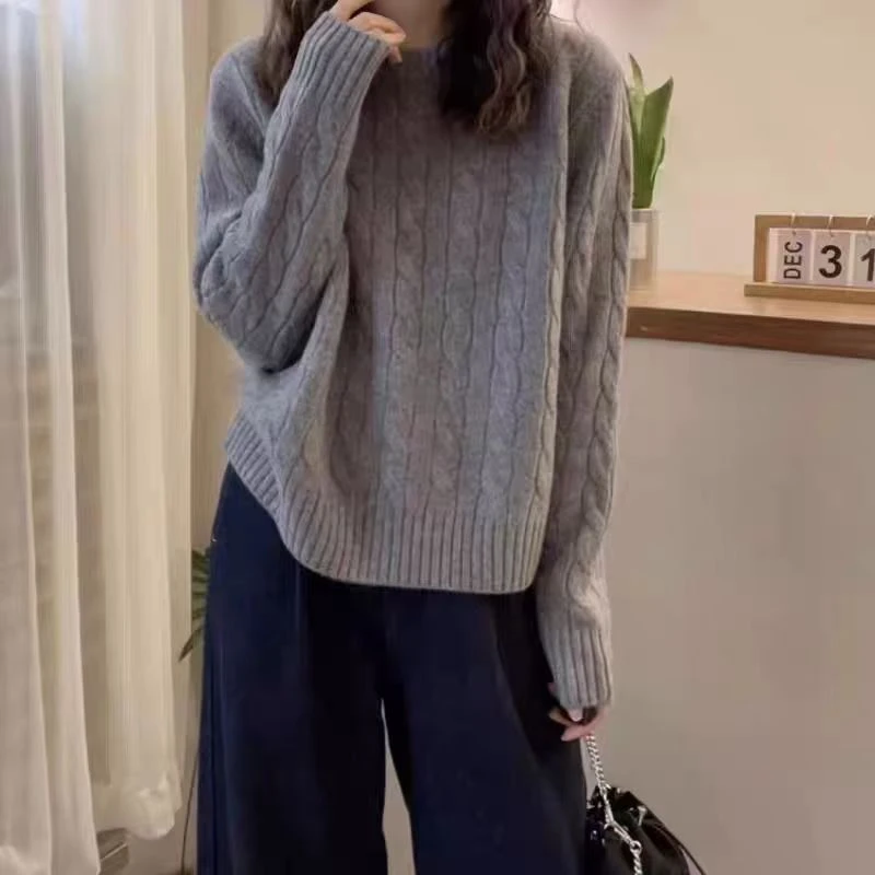 宽松型加厚款女圆领针织衫纯羊毛打底衫纯色百搭毛衣