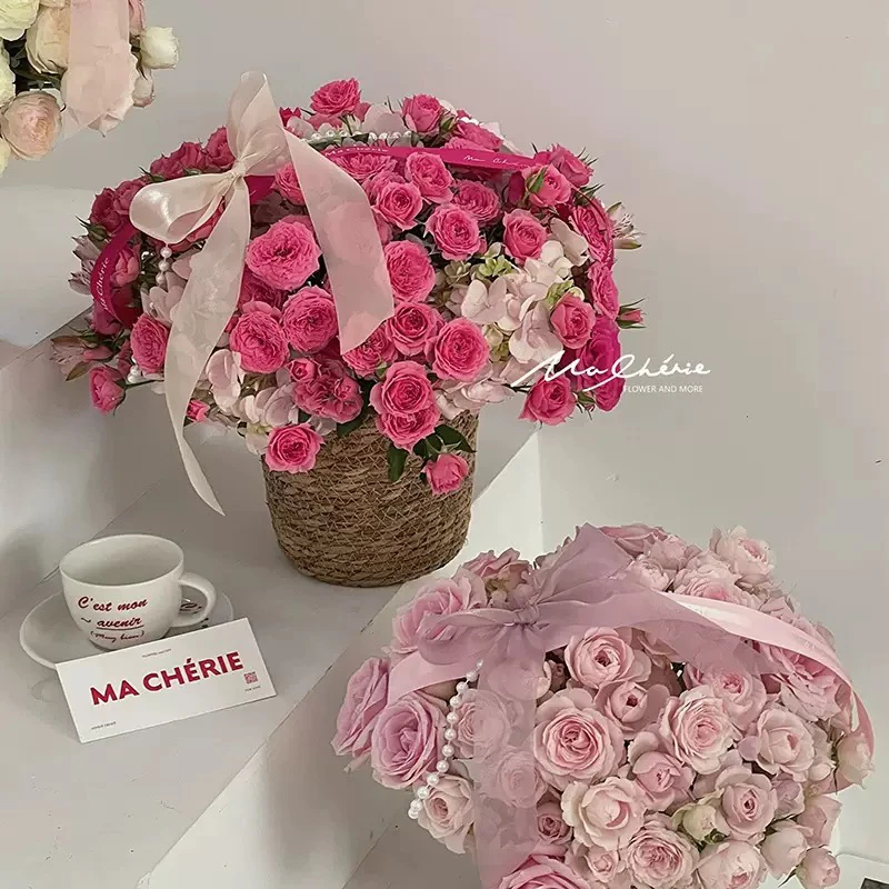 网红法式花艺七夕抱抱桶花篮超大防水草编手提插花盆大号篮子花束