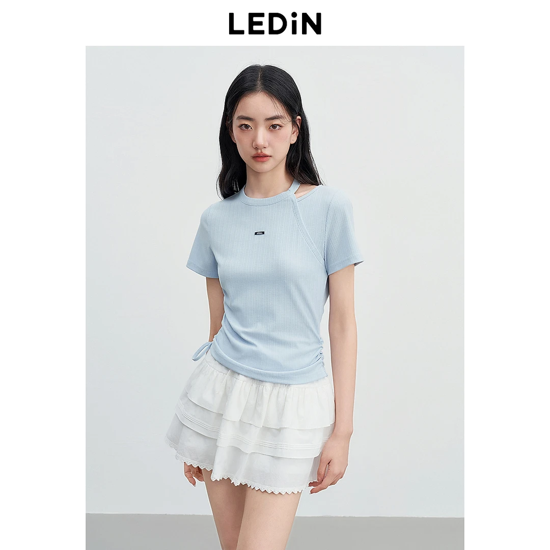 乐町不对称肩部镂空短袖T恤2237